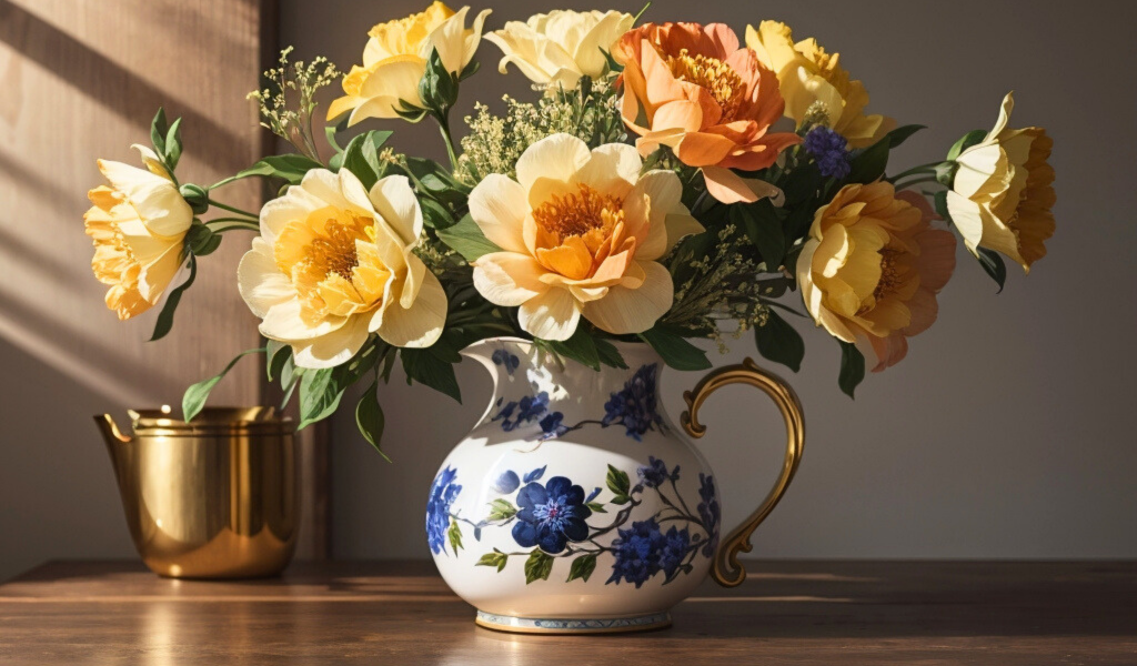 Букет красивых оранжевых цветов в кувшине на столе