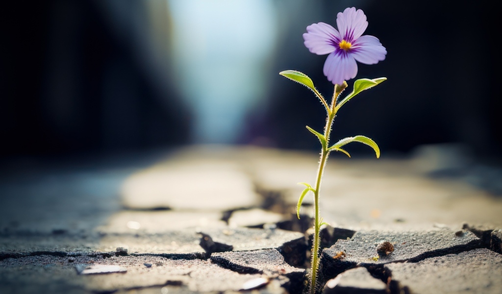 Маленький сиреневый цветок пробивается из сухой земли