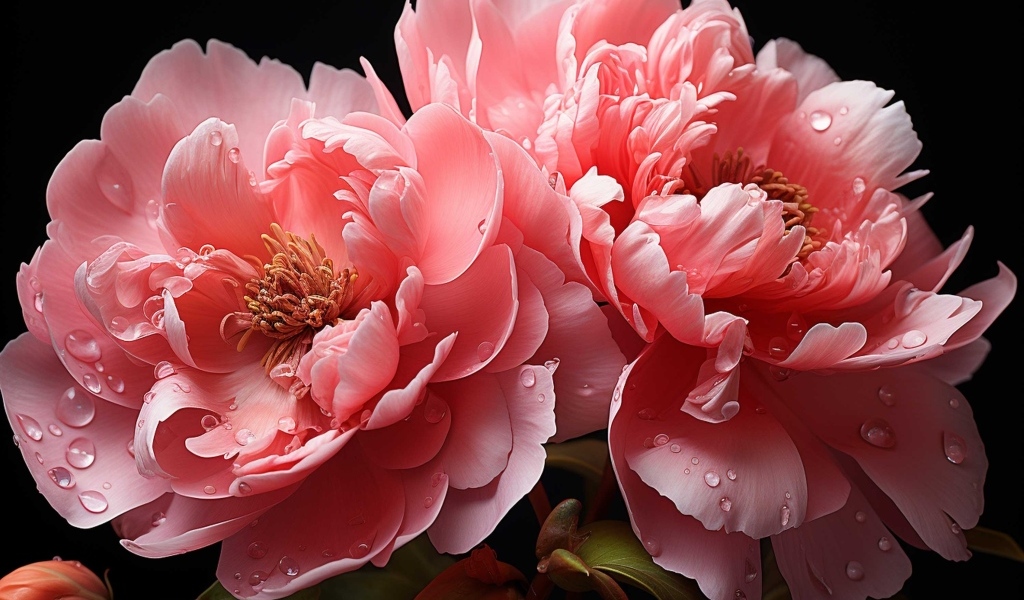Красивые розовые пионы в каплях воды
