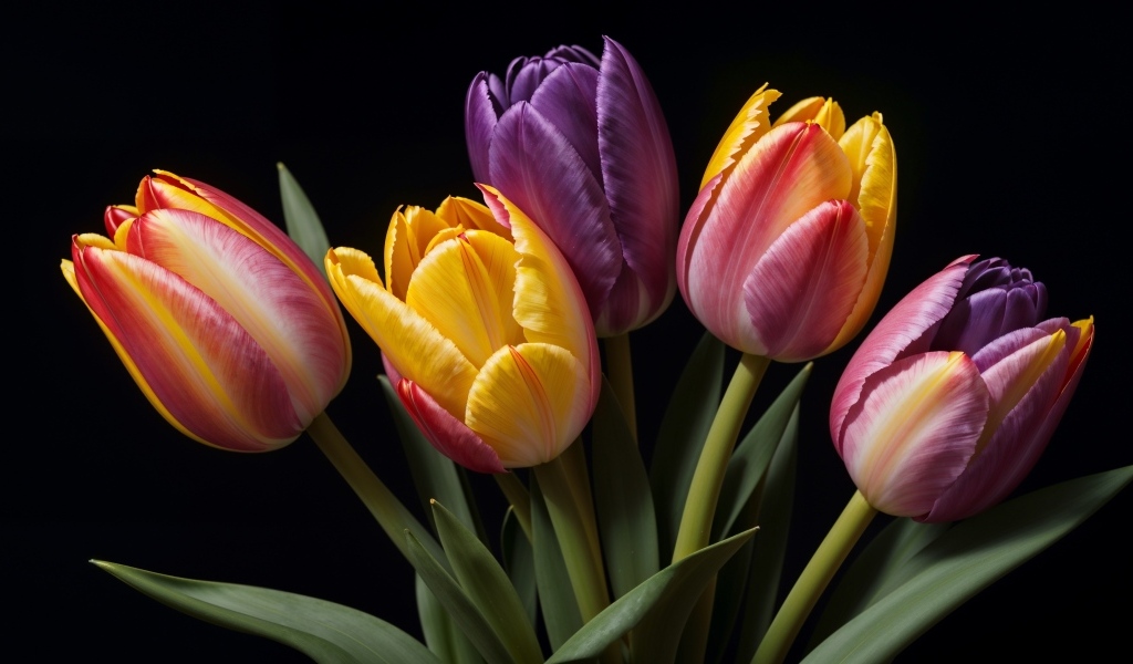 Букет разноцветных тюльпанов на черном фоне