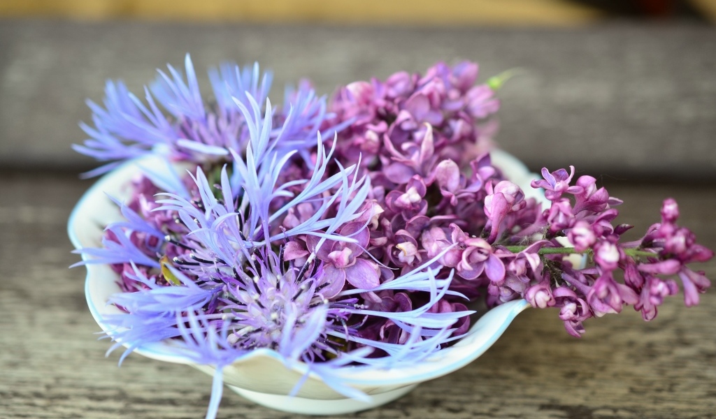 Цветы сирени и василька в вазе на столе