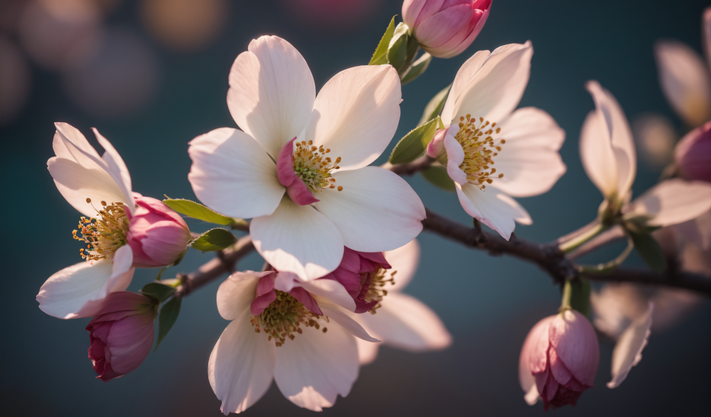 Розовые цветы на ветке в лучах весеннего солнца