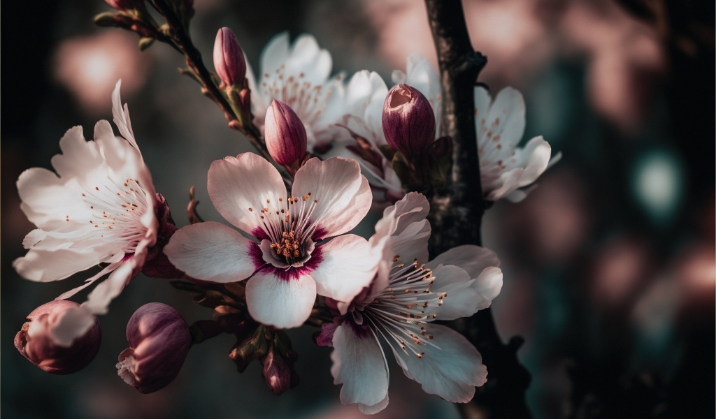 Розовые цветы персика на ветке весной