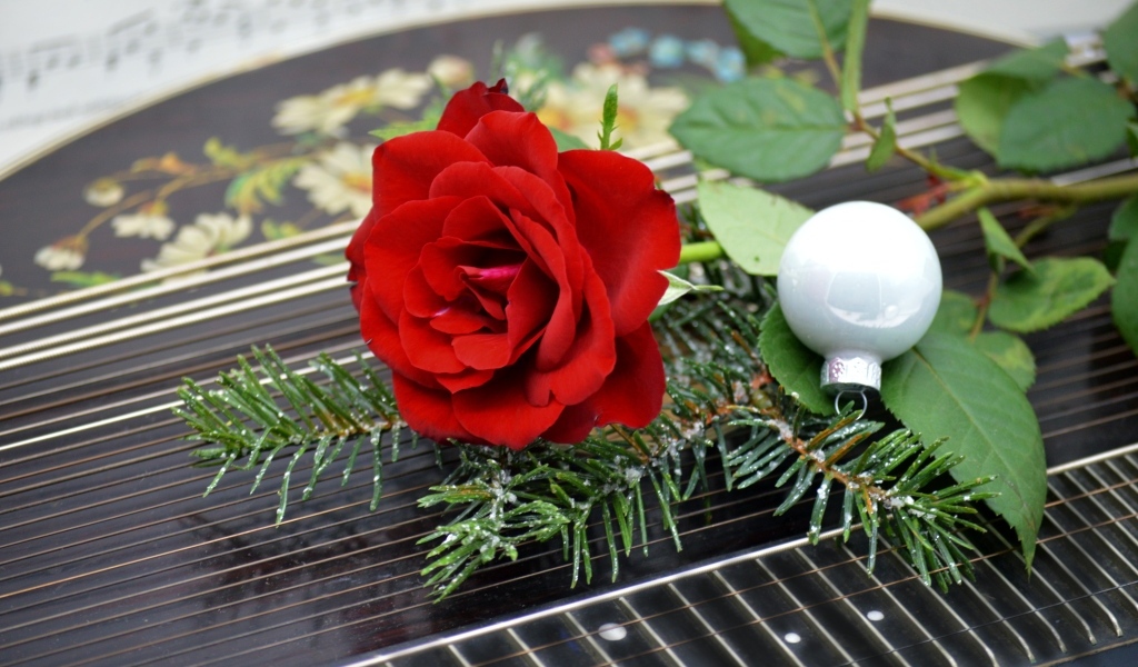 Красная роза с шариком и еловой веткой