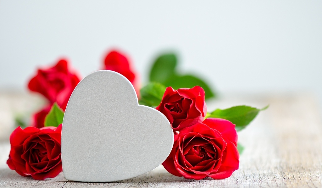 Красные розы с белым сердцем на столе
