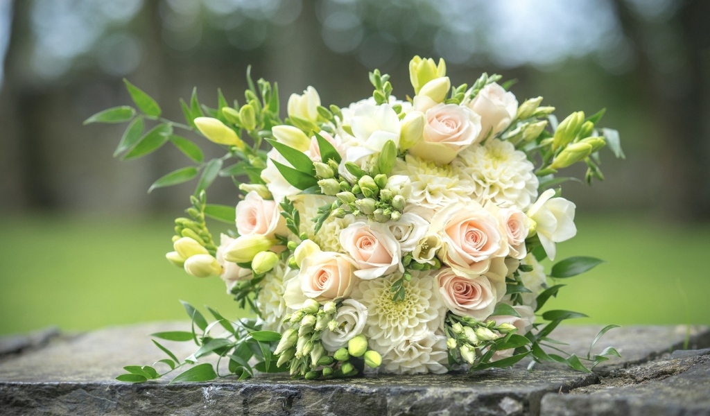 Свадебный букет стоит на камне