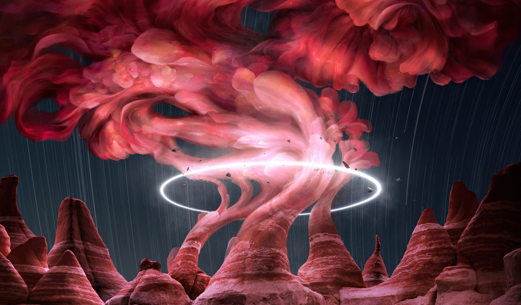 Красный дым над скалами