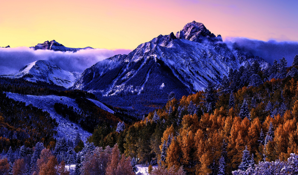 Вид на заснеженную гору и лес