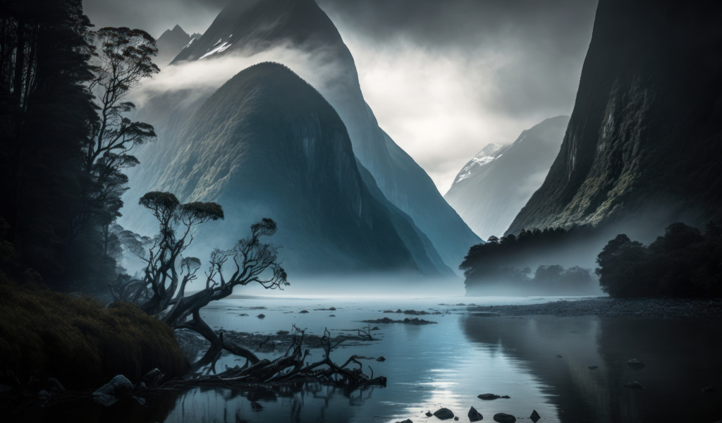 Белый туман над озером в горах