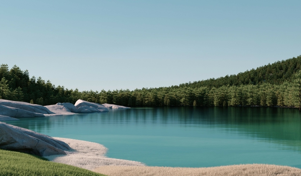 Спокойное озеро с зеленым лесом