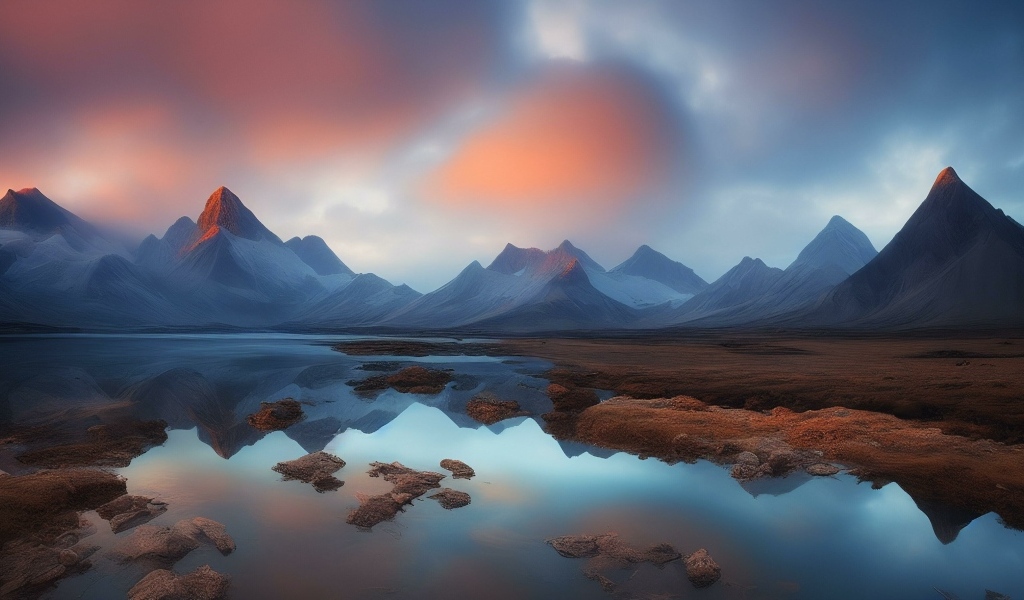 Холодное озеро в горах на рассвете