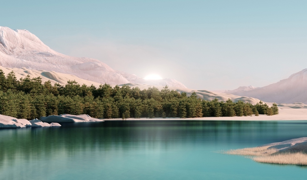 Лес у озера с голубой водой в горах