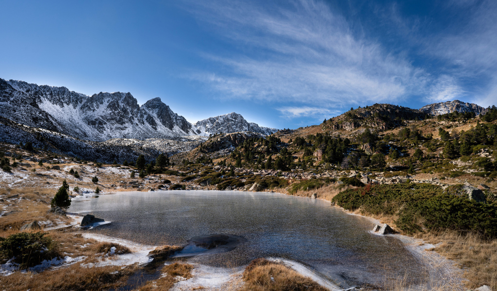 Заледеневшее маленькое озеро в горах