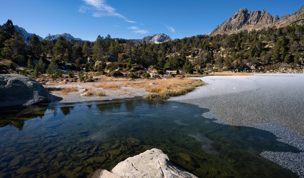 Покрытое льдом холодное горное озеро под голубым небом