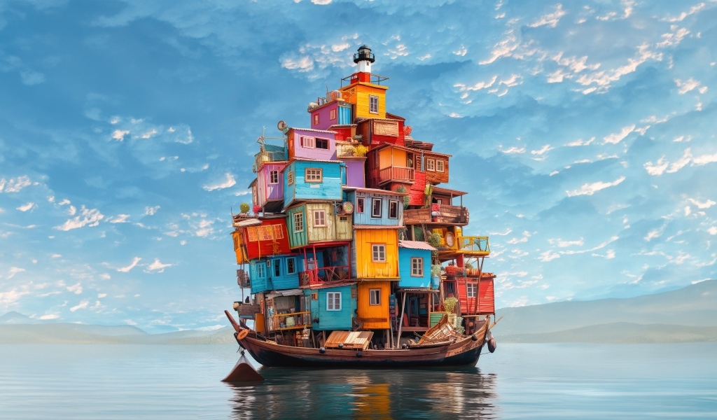 Маленькие разноцветные домики на лодке