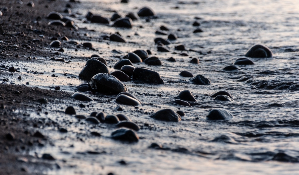 Мокрые камни на песке у моря