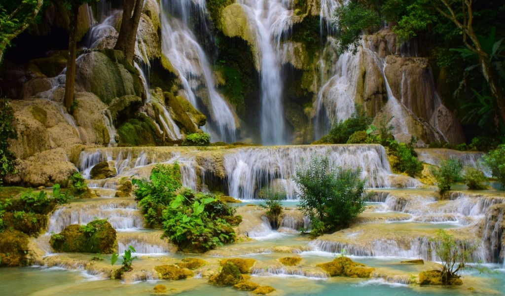 Красивый высокий водопад в лесу