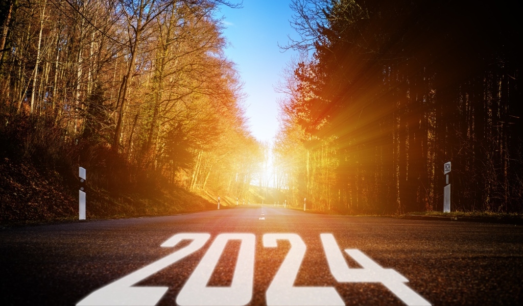 Белые цифры 2024 на дороге в лесу