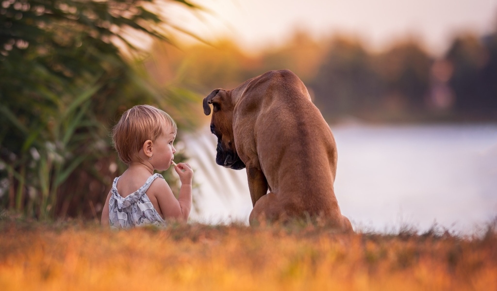 Девочка с собакой на берегу реки
