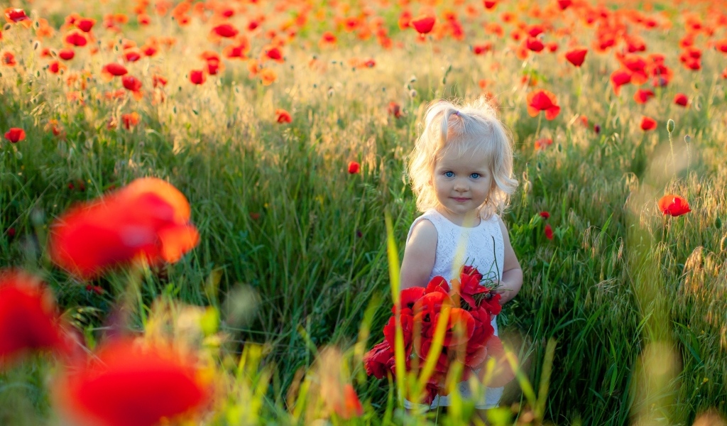 Маленькая голубоглазая девочка на поле с маками