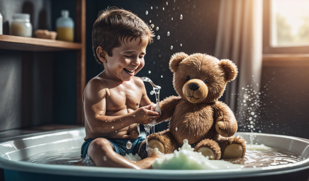 Маленький мальчик купается с игрушкой