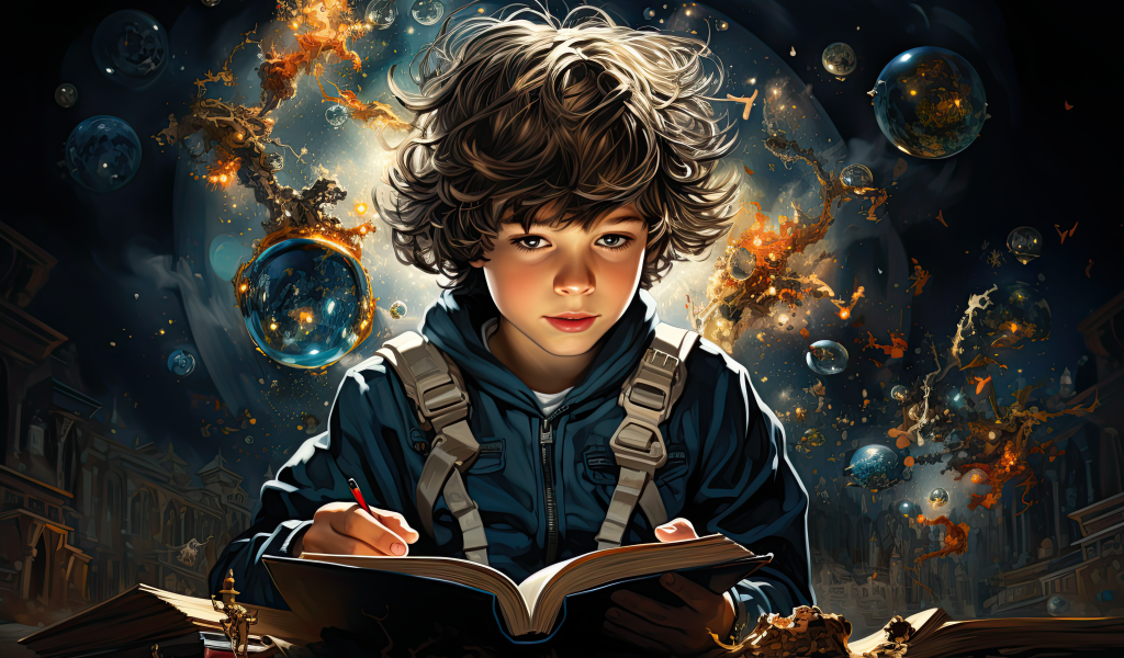 Маленький мальчик фантазер с книгой