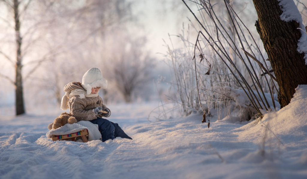 Маленький ребенок на санках в зимнем лесу 
