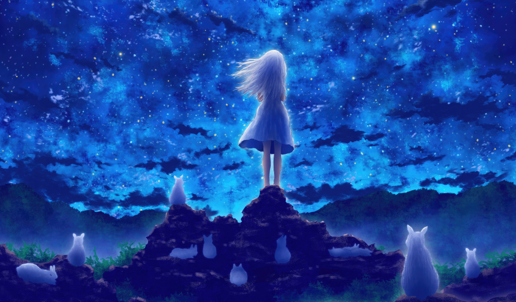 Маленькая девочка смотрит на небо, аниме