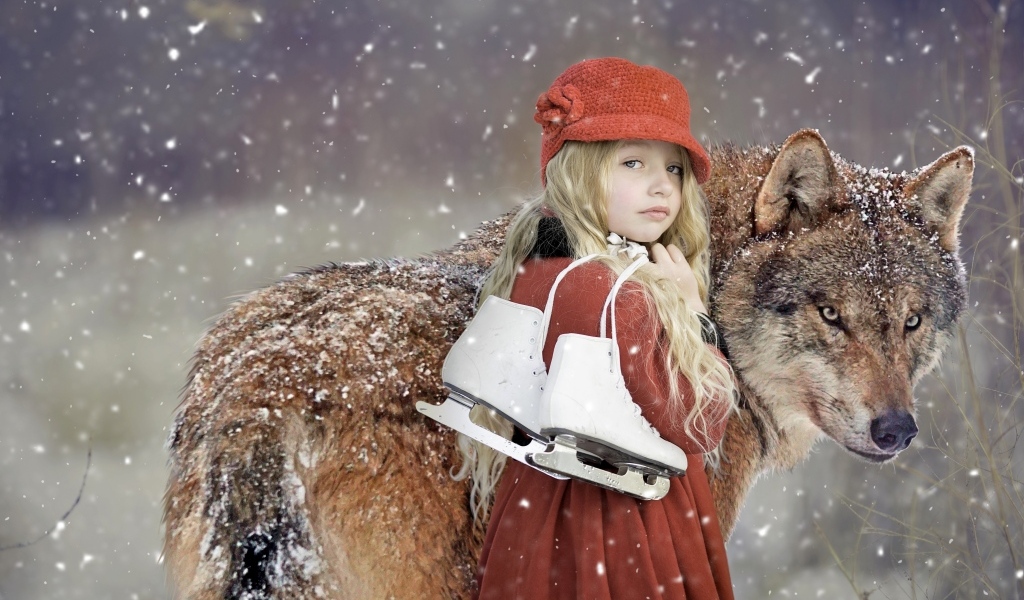Маленькая девочка с волком зимой