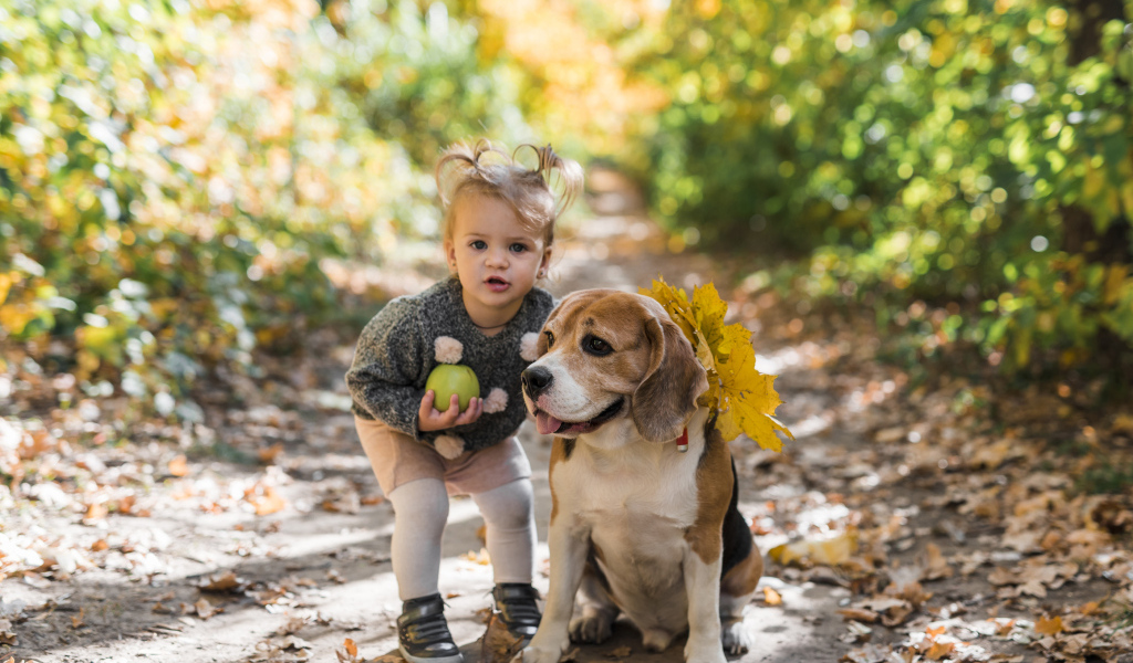 Маленькая девочка с собакой в парке