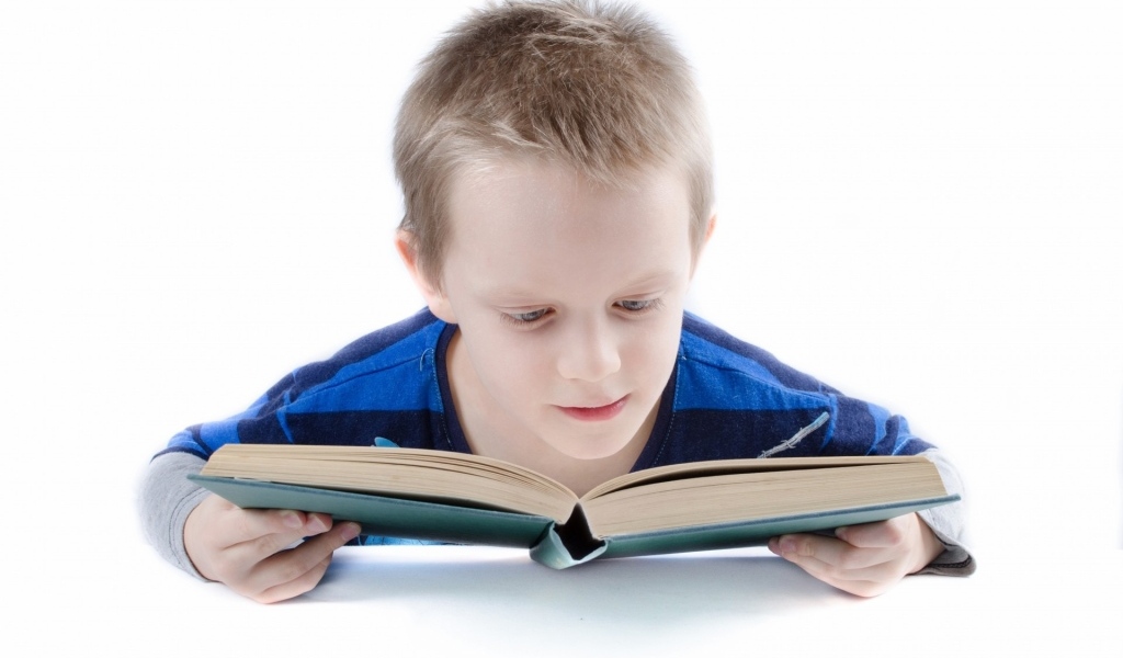 Школьник читает книгу на белом фоне