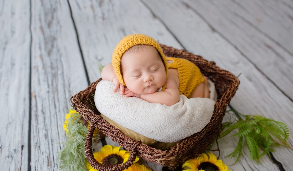 Спящий малыш в корзине с подсолнухами