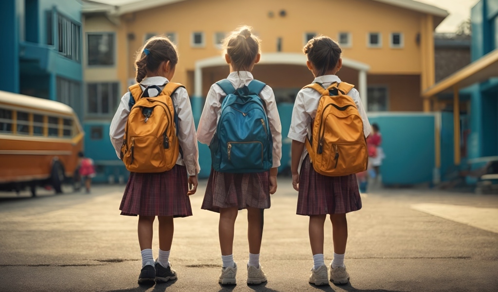 Три маленькие девочки школьницы с рюкзаками