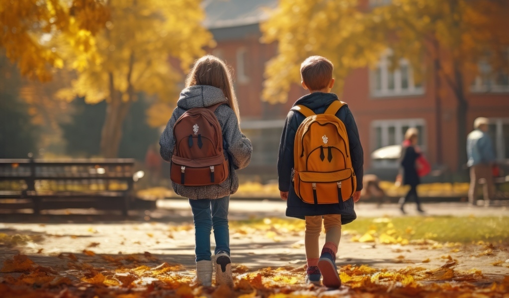 Двое детей школьников с рюкзаками на спине