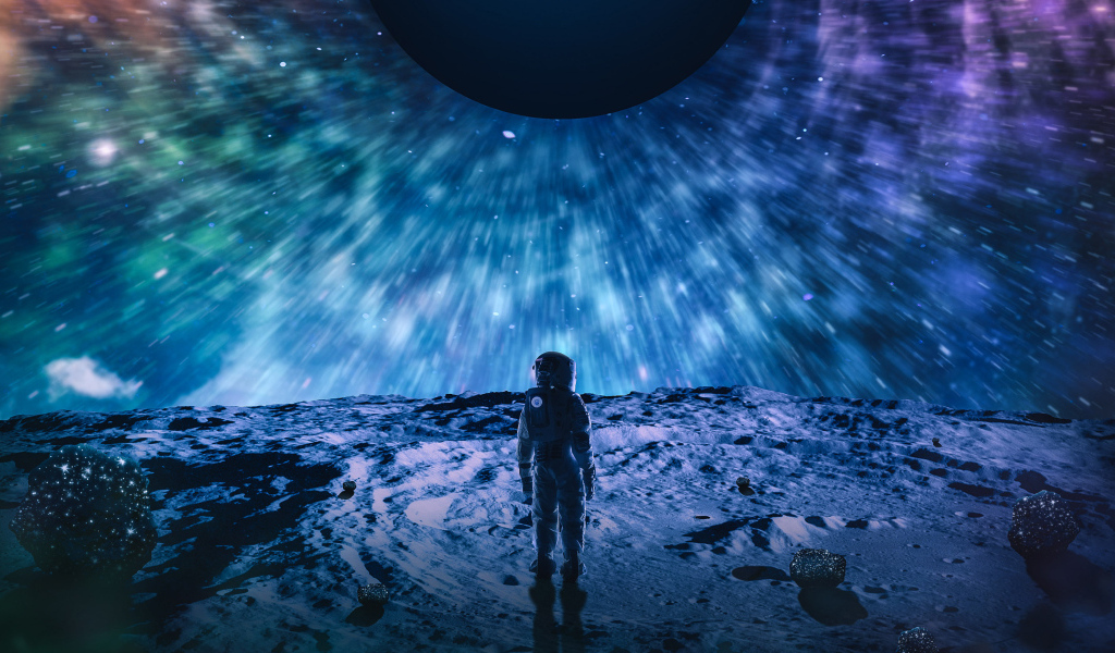 Космонавт стоит на поверхности планеты в космосе