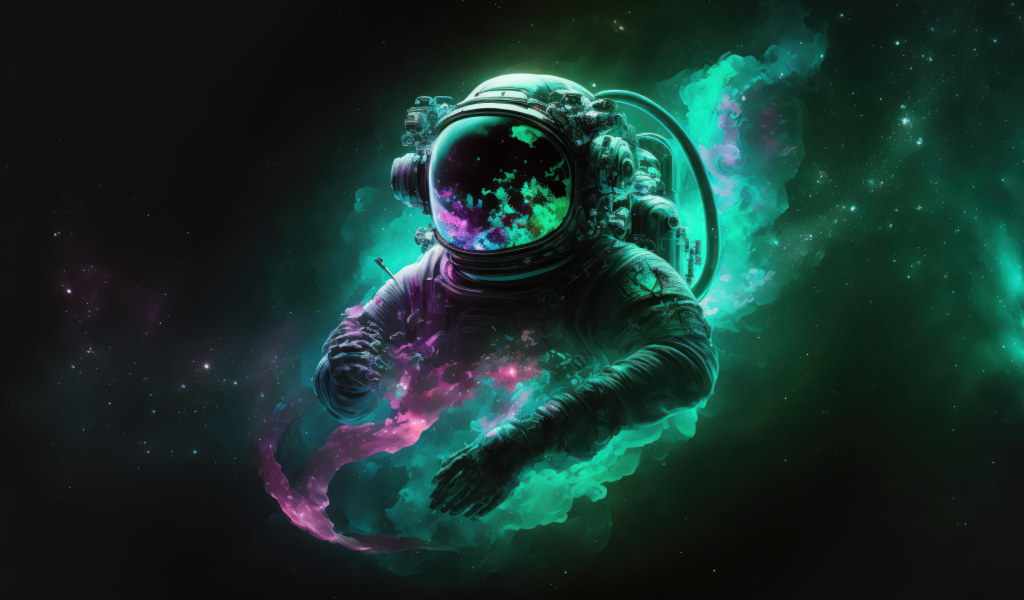 Астронавт в космосе в зеленом дыме
