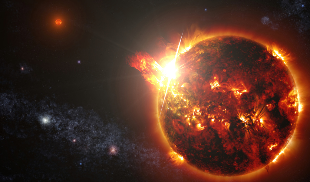 Вспышки на яркой огненной планете в космосе