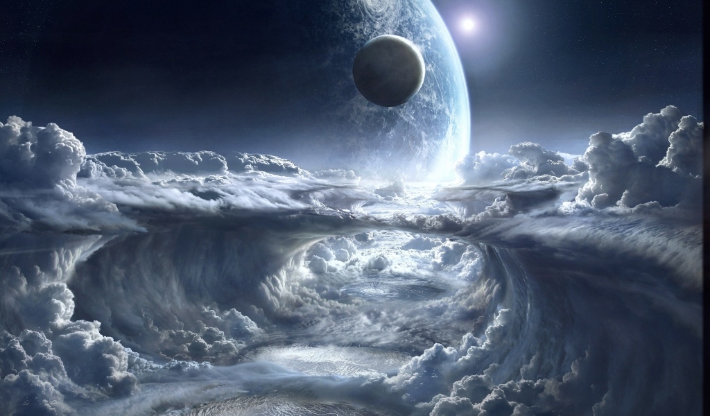 Планета над белыми облаками в космосе