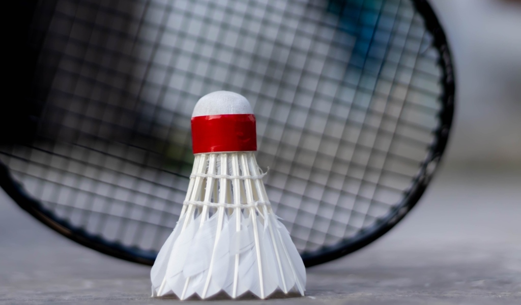 Белый воланчик и ракетка для игры в бадминтон