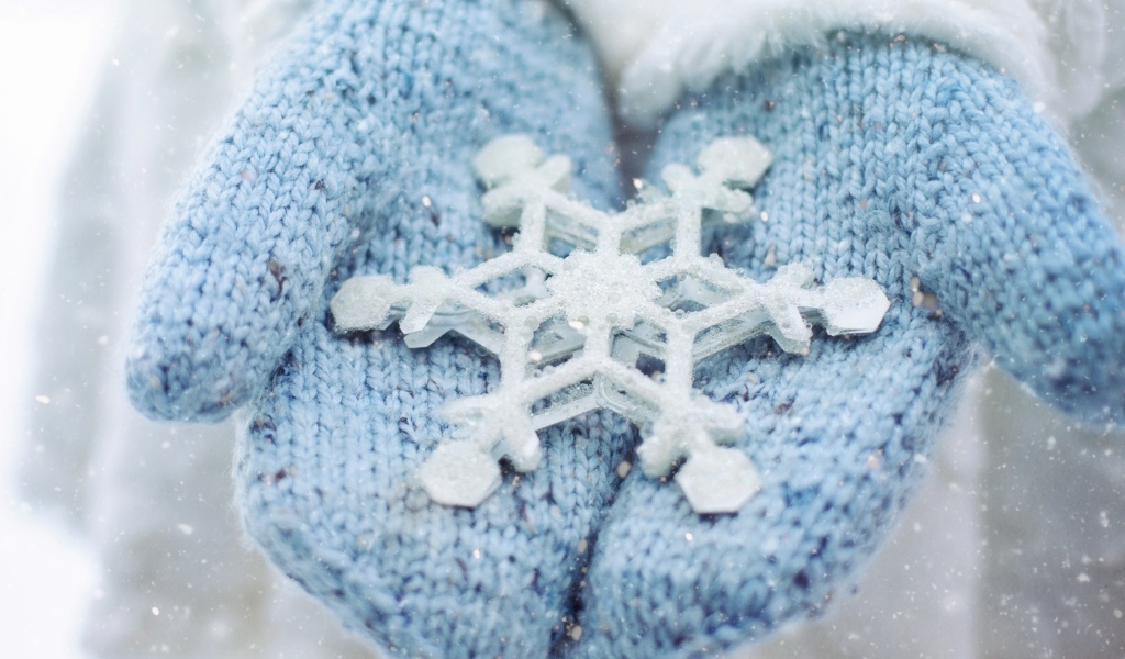Голубые варежки на руках с белой снежинкой