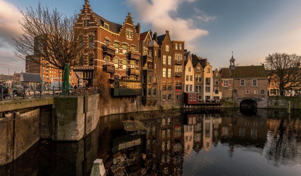 Дома стоят у водного канала, Роттердам, Голландия