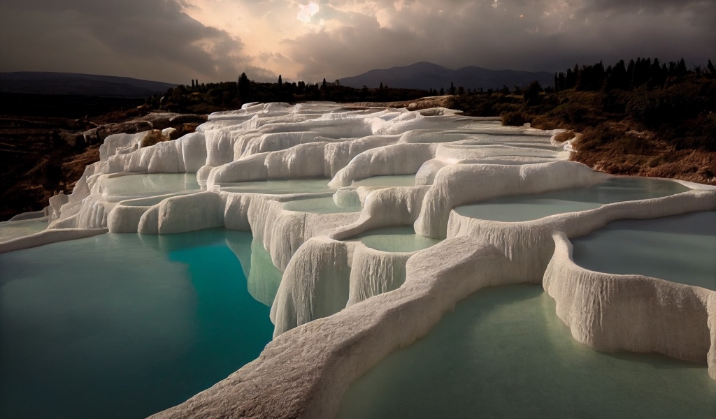 Красивый курорт Памуккале под грозовым небом Турция
