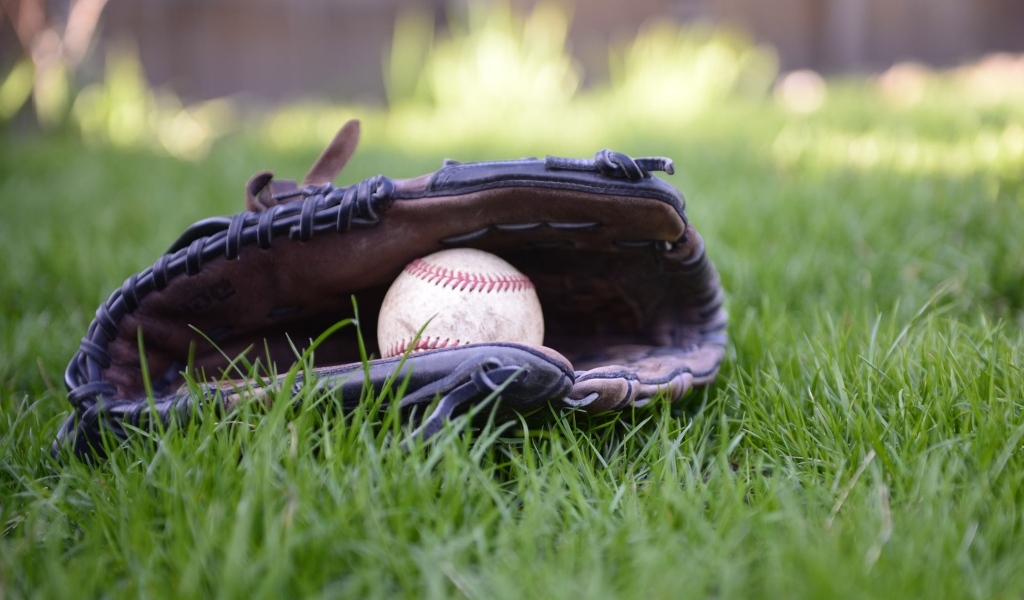 Бейсбольная перчатка и мяч на зеленой траве