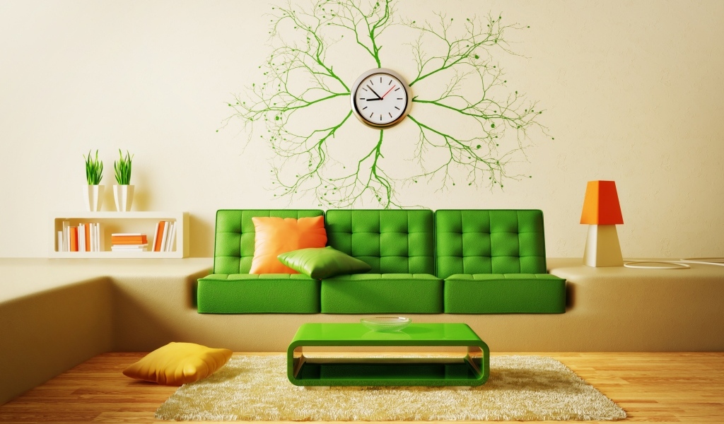 Зеленый диван в комнате с часами