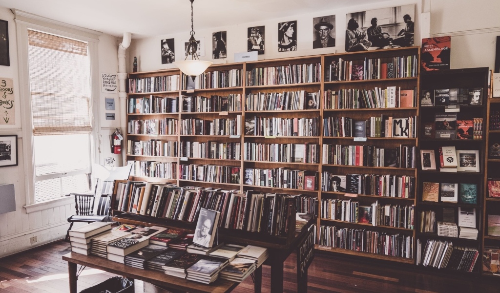 Большой шкаф с книгами в гостиной комнате