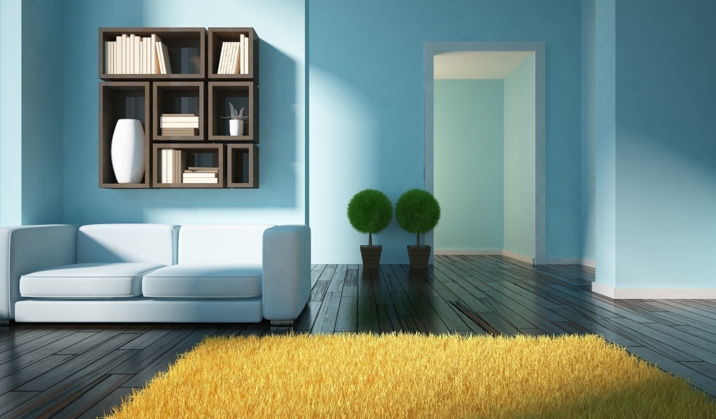 Минималистический интерьер в комнате с голубыми стенами