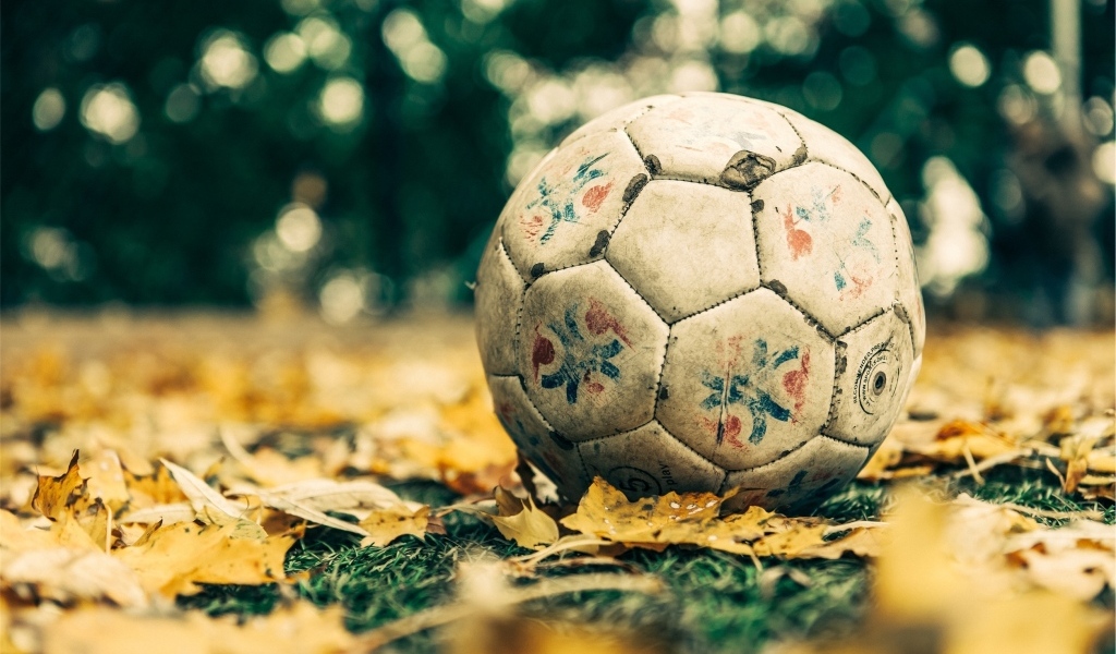 Старый футбольный мяч на листве 
