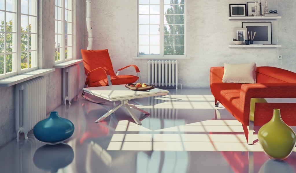 Красная мебель в гостиной в стиле Модерн