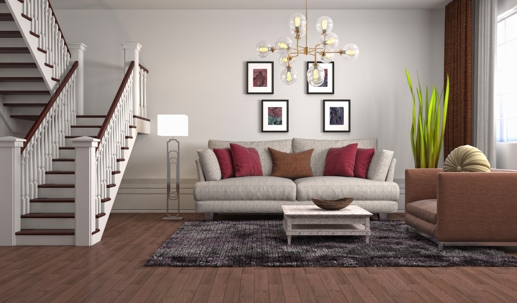 Просторная гостиная с лестницей