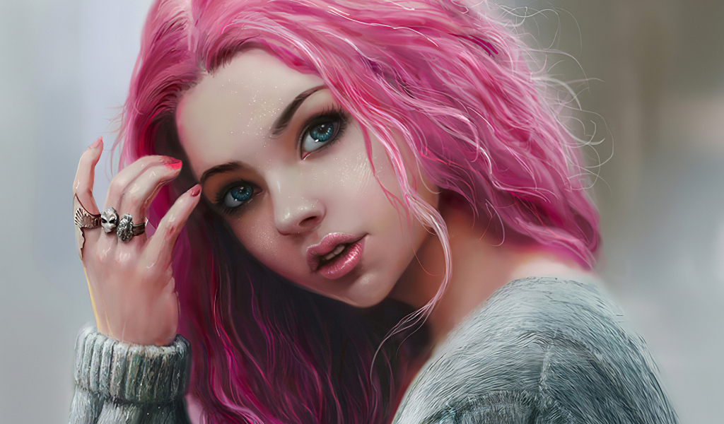 Девушка 3д с розовыми волосами и кольцами на руке